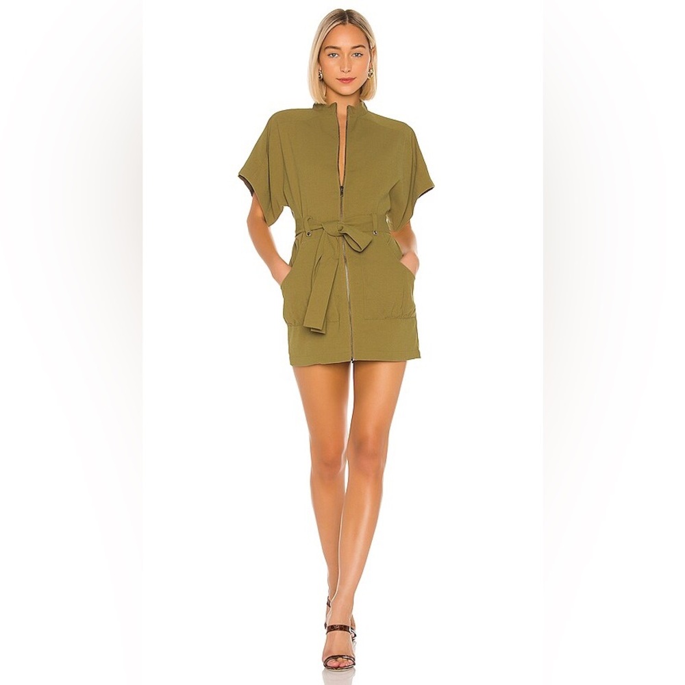 Lovers + Friends Olive Green Zip-Front Mini Dress with Tie Belt